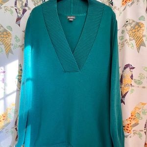 Eddie Bauer Deep V-Neck Long Sweater Blue Green Medium